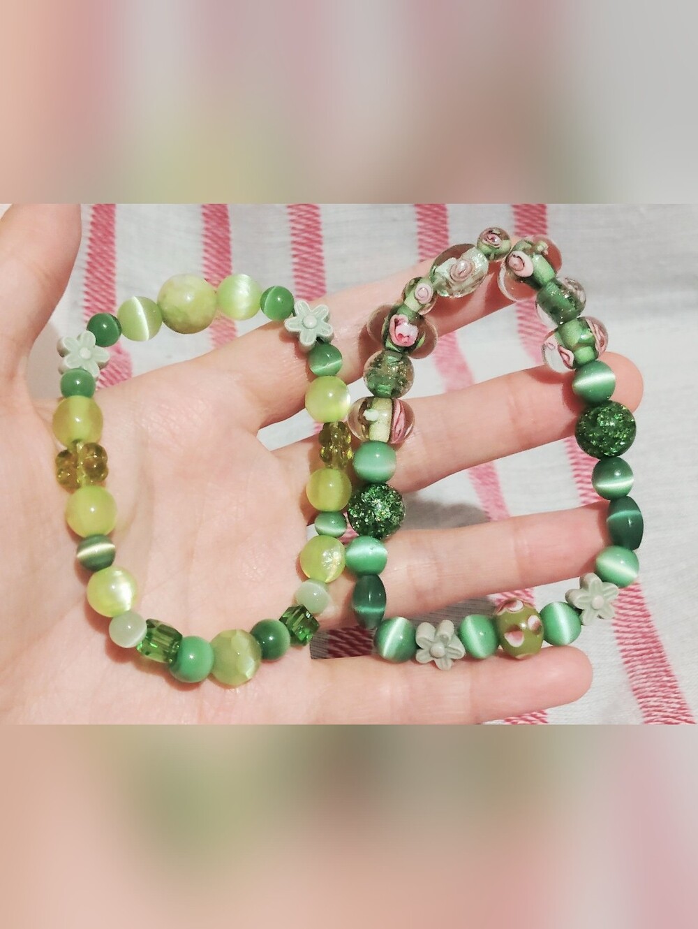 Handmade Green Lampwork And Cat's Eye Bracelet One Of A Kind. Bundle Of 2. 7''